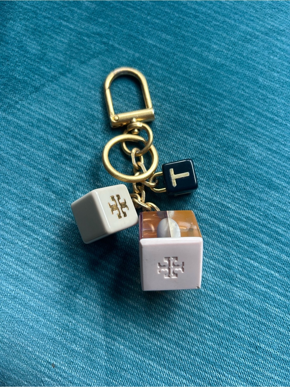 RARE  Tory Burch Gold, White and Navy Cube Charm Keyring